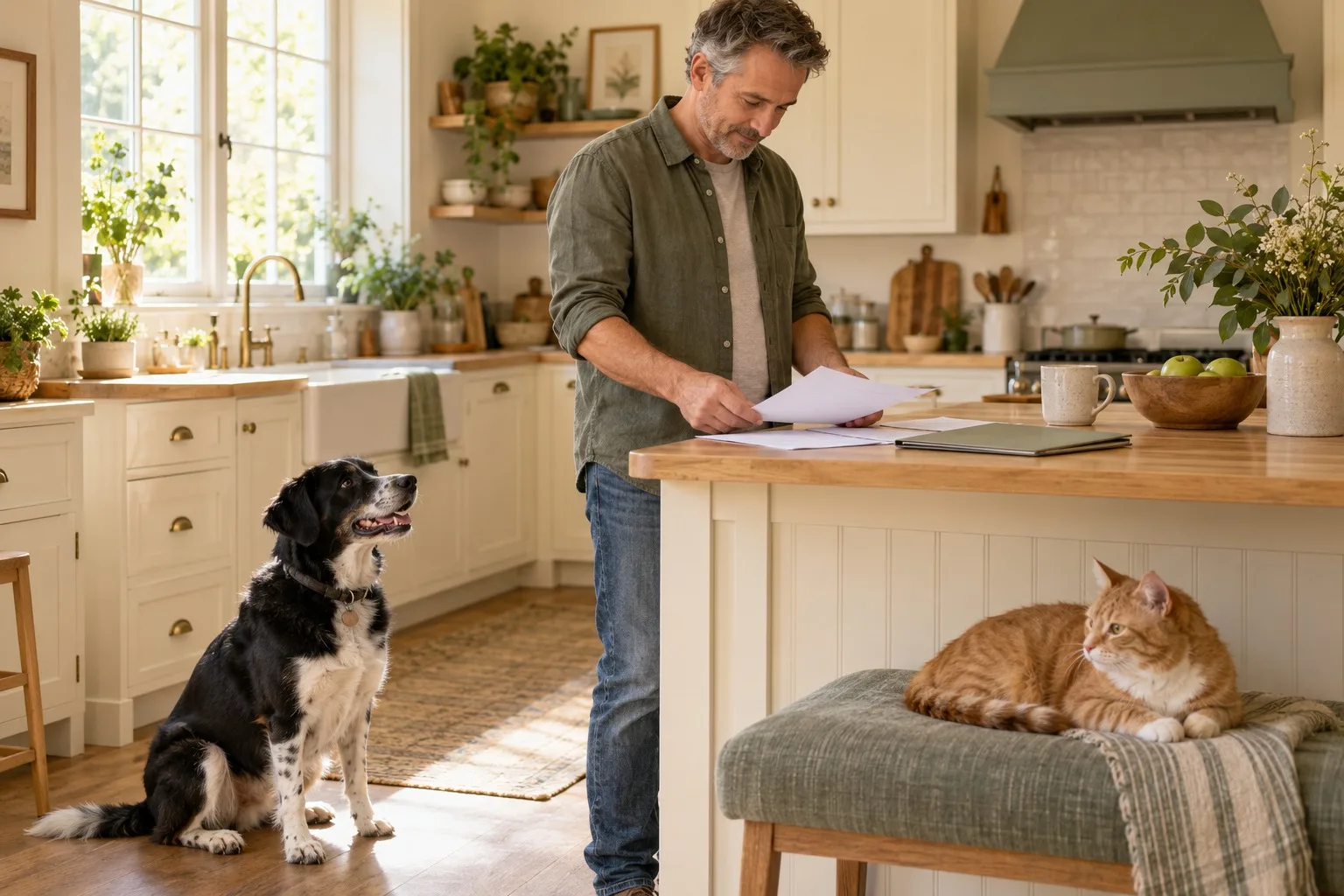 An owner reviews paperwork at a counter while a dog and cat rest nearby