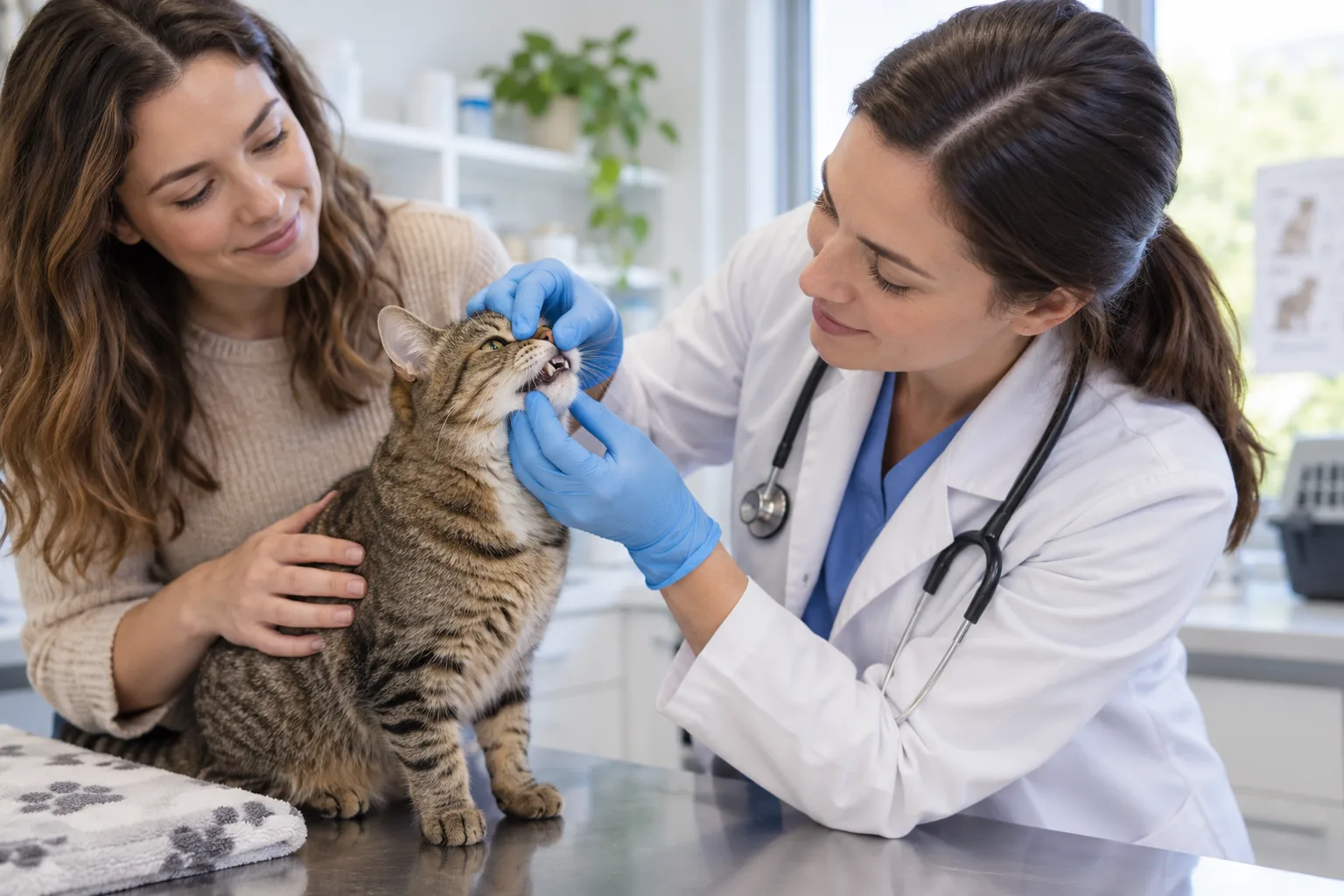 A veterinarian examining a cat’s mouth